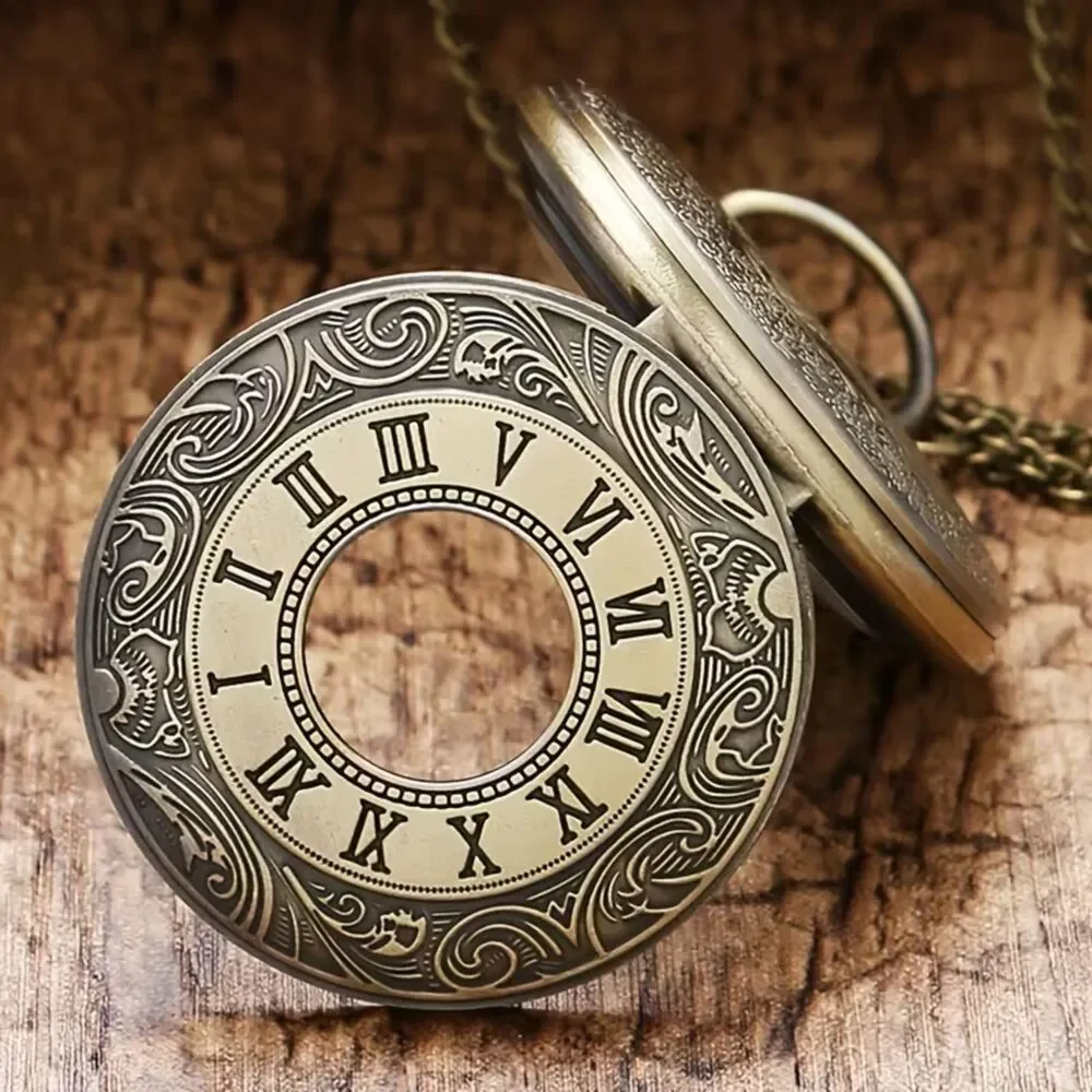 Vtg Style Gold Quartz Pocket Watch Necklace Open Face Roman Numerl Retro Pendant